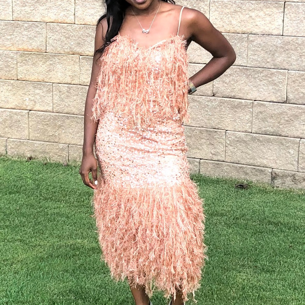 COPY - Blush Pink Sequence and Feather Dress